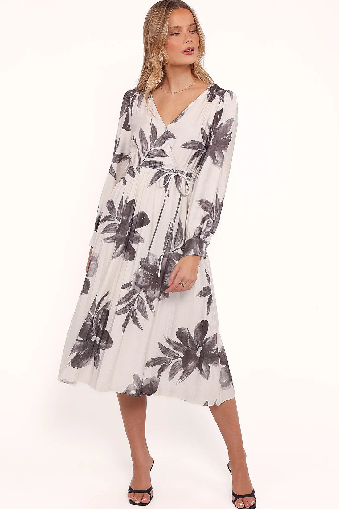 Long Sleeve Midi Dress in black and white floral — a long sleeve midi dress with drawstring waist