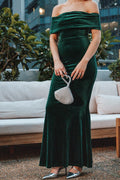 Emerald green velvet off shoulder maxi dress