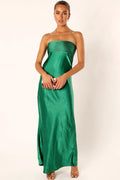 Emerald green strapless satin maxi dress with a straight neckline