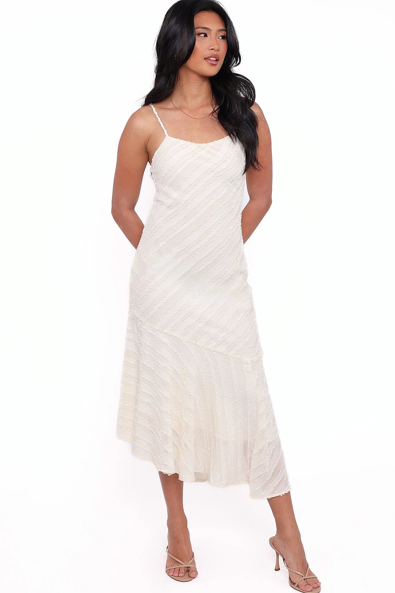 Cream bodycon midi dress with a square neckline