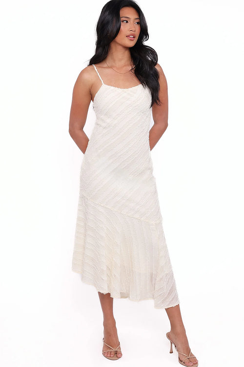 Cream bodycon midi dress with a square neckline