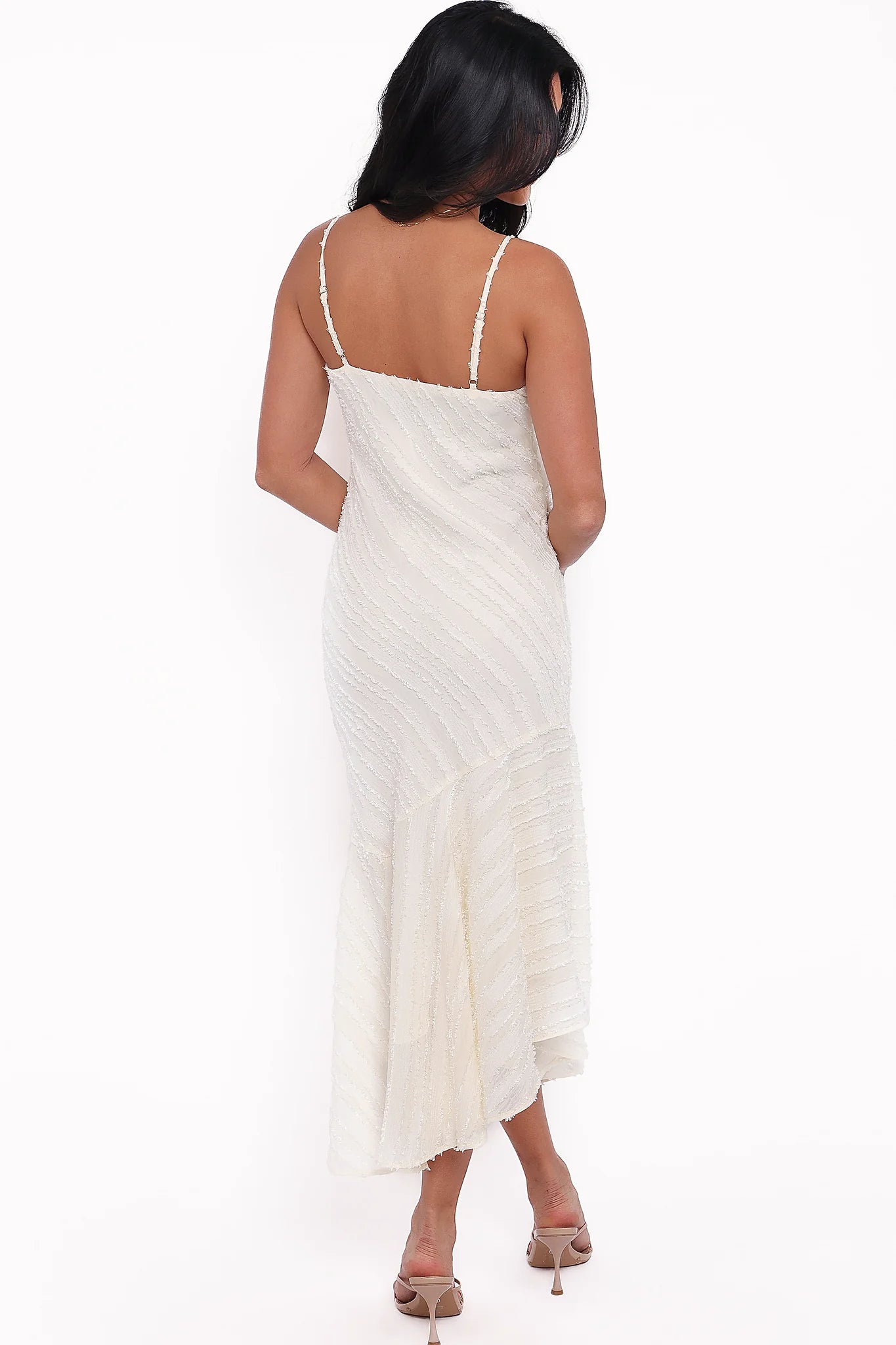Full length view of a cream square neck midi dress