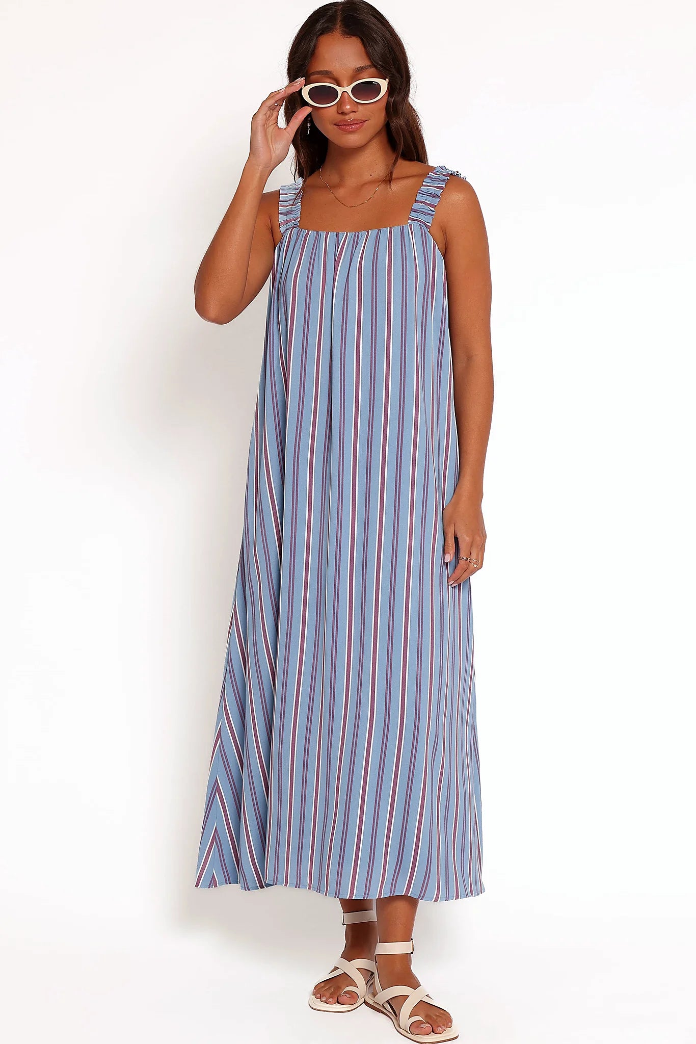 Thick elasticised straps on a blue striped maxi dress