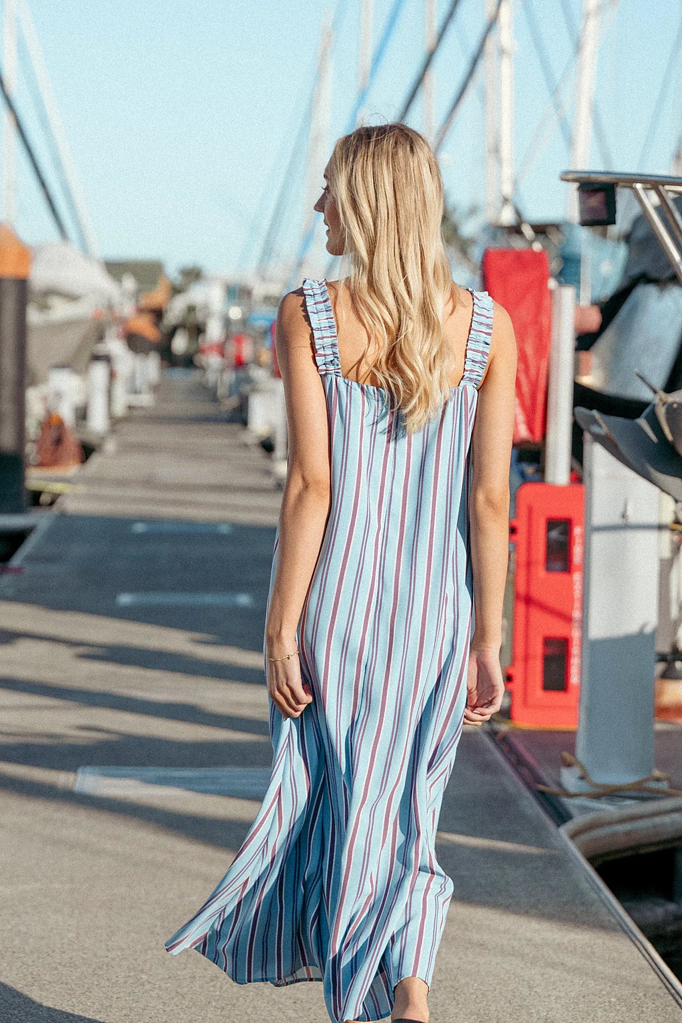 Blue stripe shift maxi dress with a straight neckline