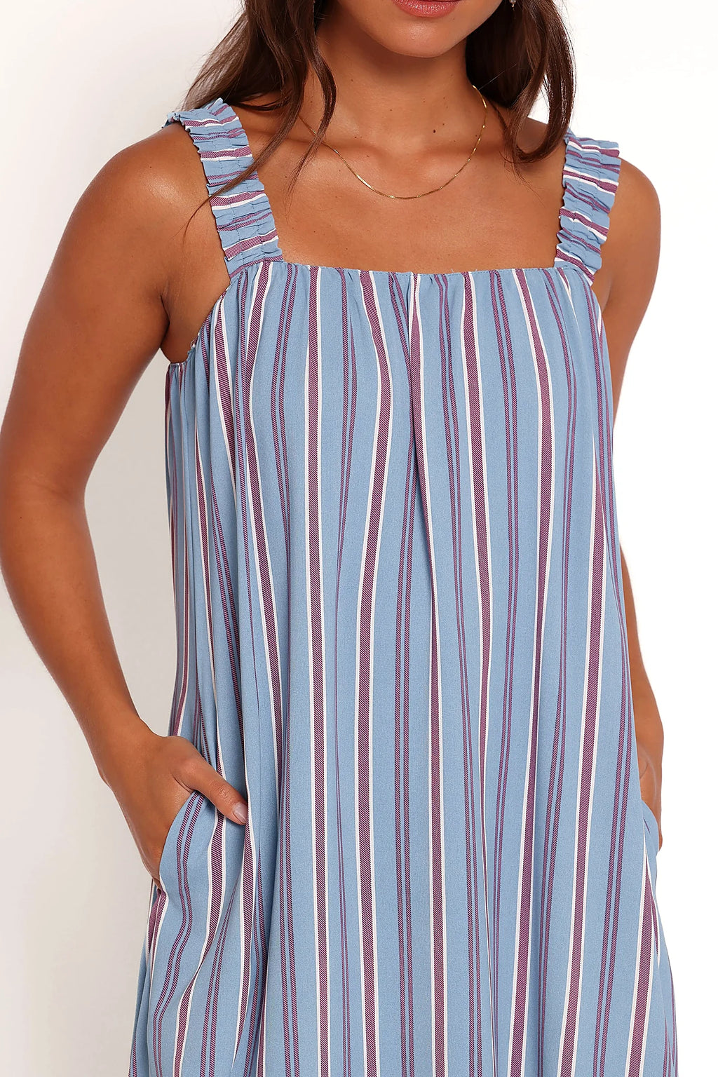 Invisible back zip on a blue stripe maxi dress