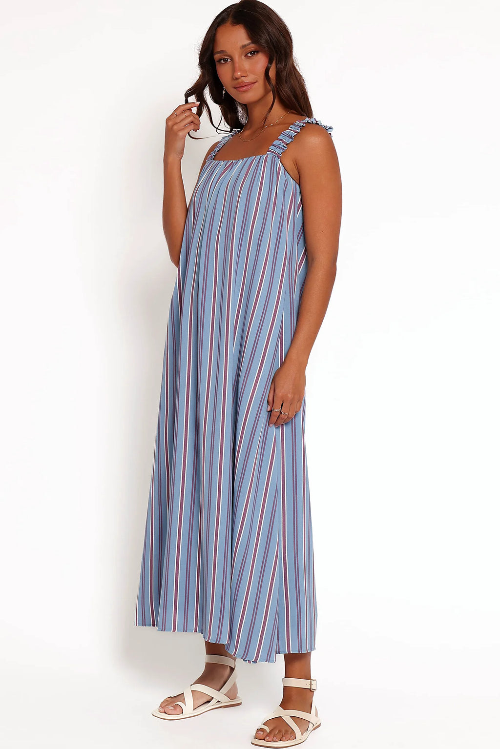 Full length view of a blue striped shift maxi dress