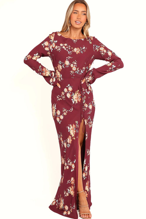 Cowl design at the back of a berry floral maxi dress