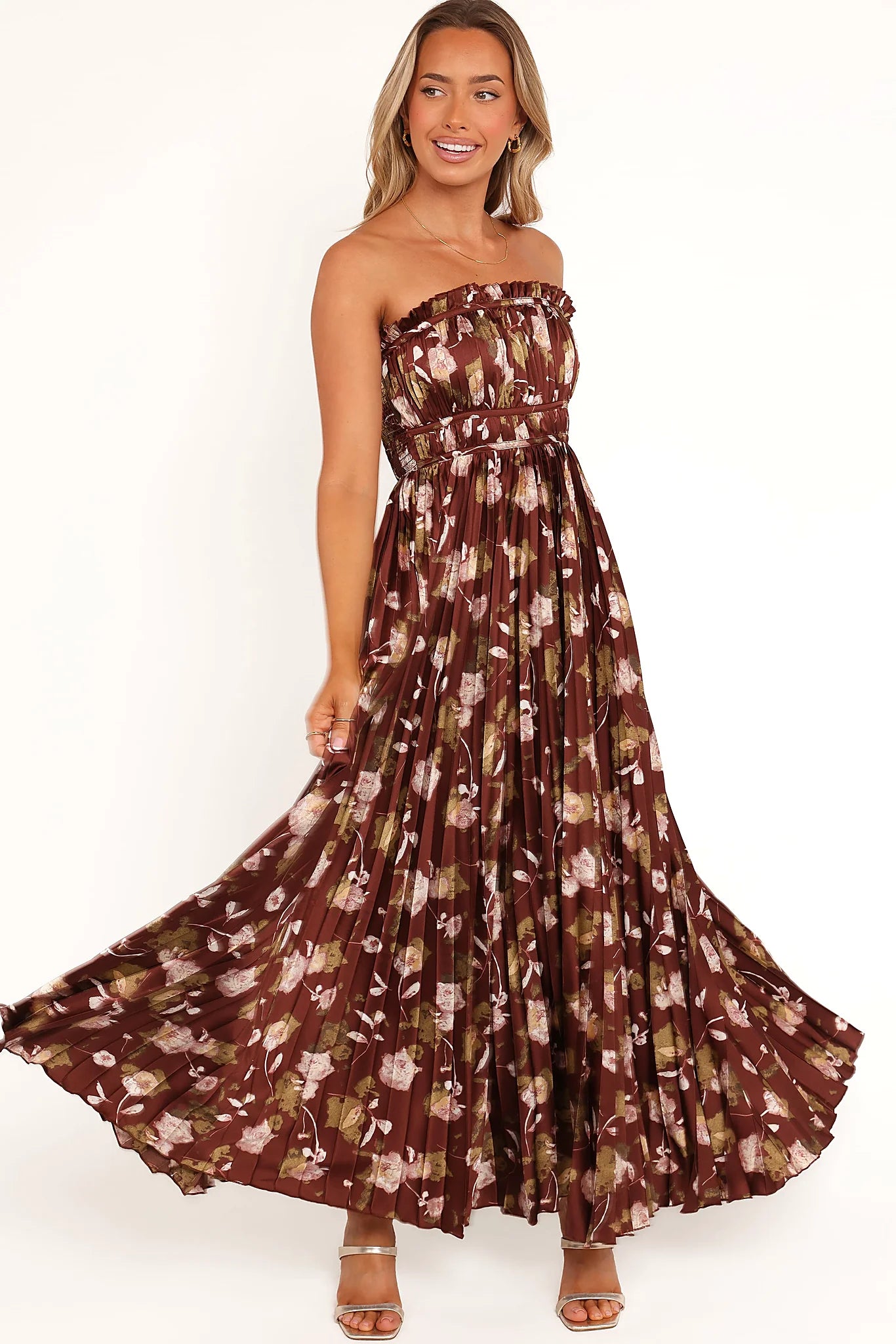 Angelique Strapless Maxi Dress - Brown Floral