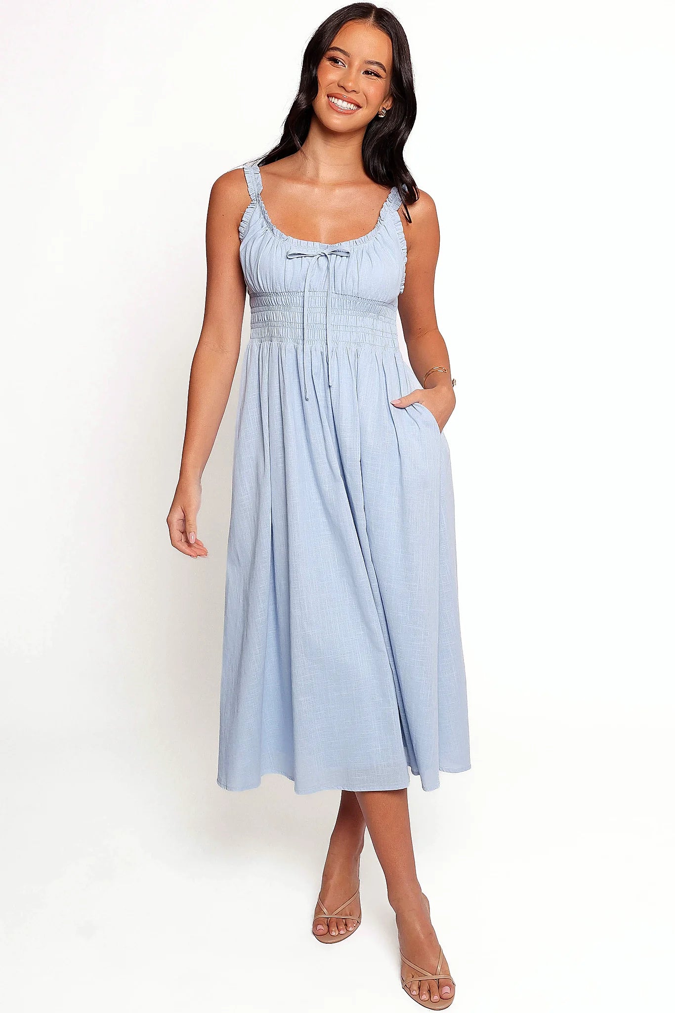 Frill trim detail on a pale blue midi dress