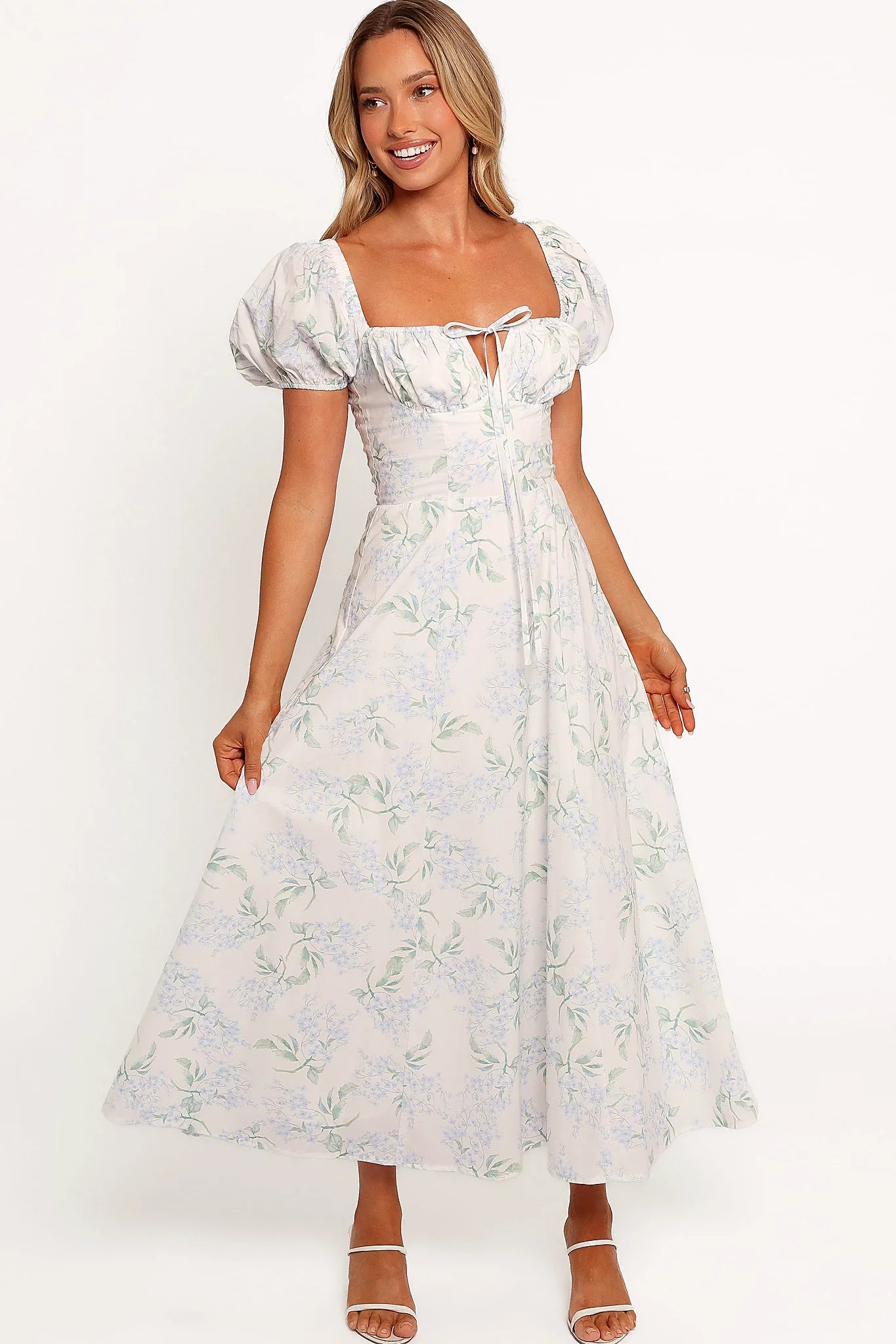 Blue floral midi dress with a sweetheart neckline and puff sleeves