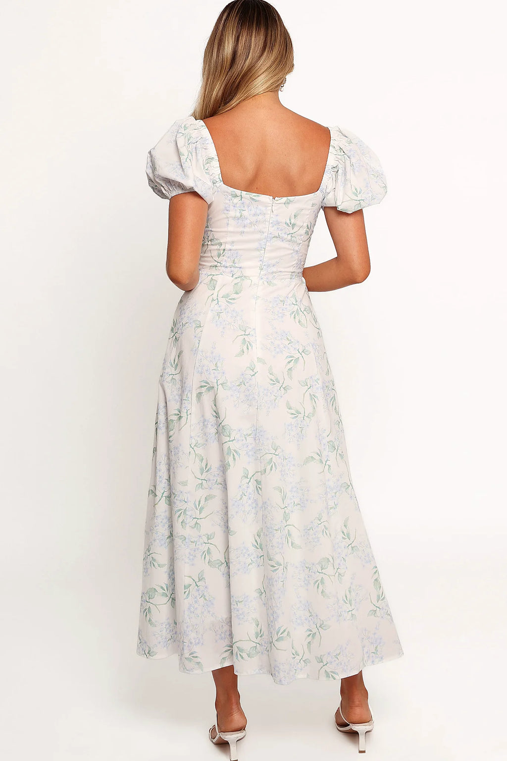 Full length view of a blue floral A-line midi dress