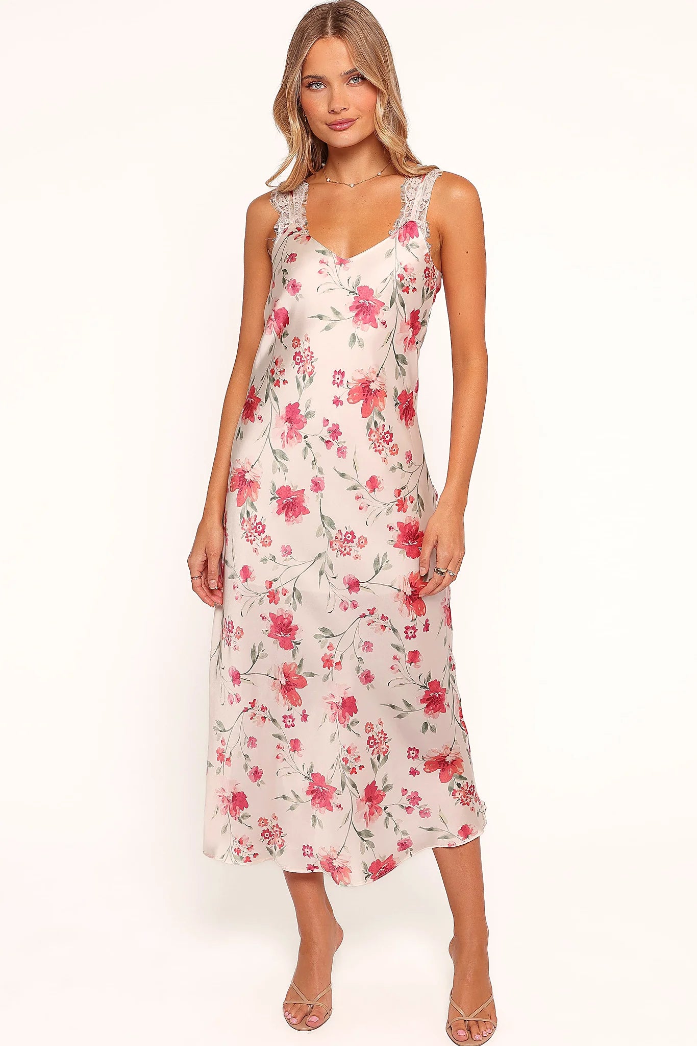 Pink floral satin midi dress with a V neckline