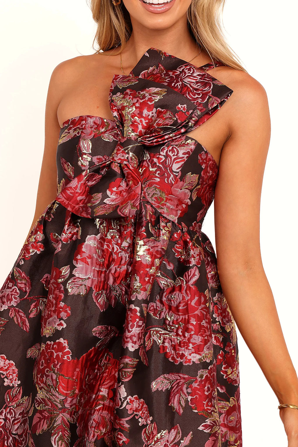 Drop tiered A-line skirt on a floral maxi dress