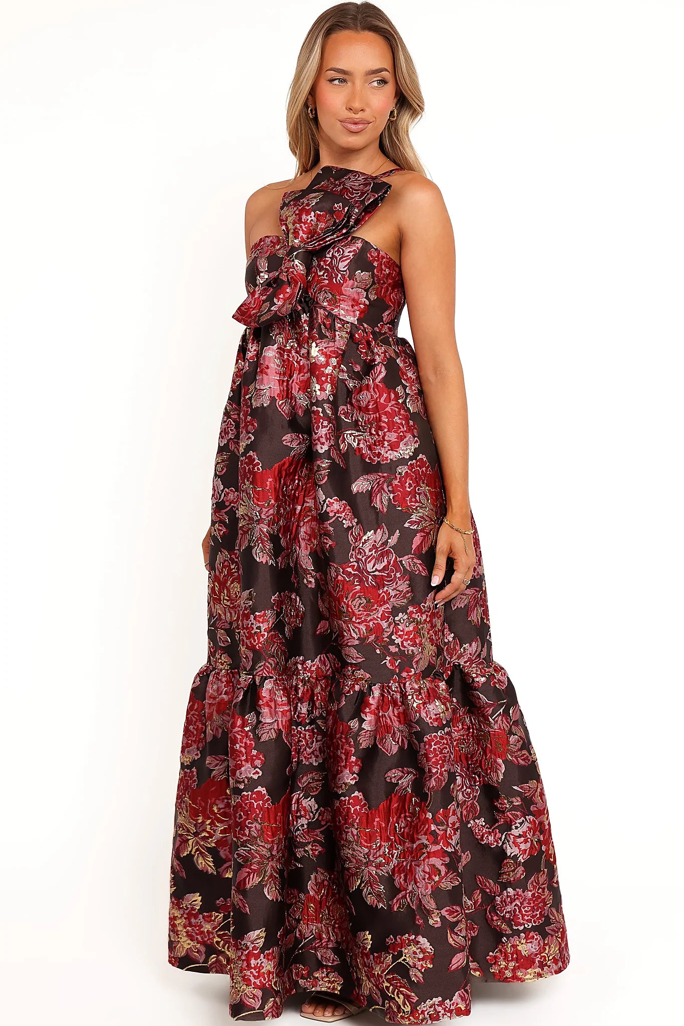 Full length view of a brown floral bow front maxi dress