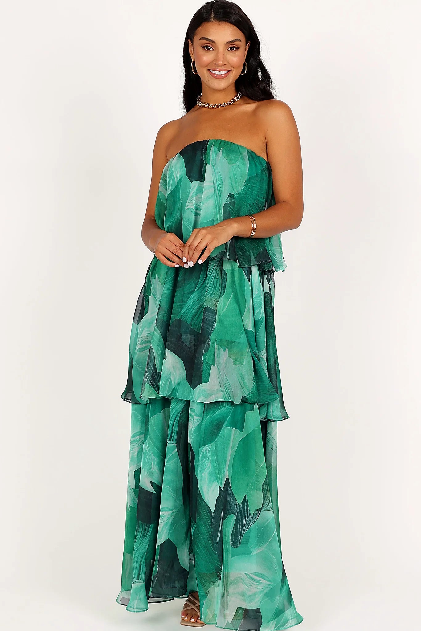 Green floral leaf print strapless maxi dress