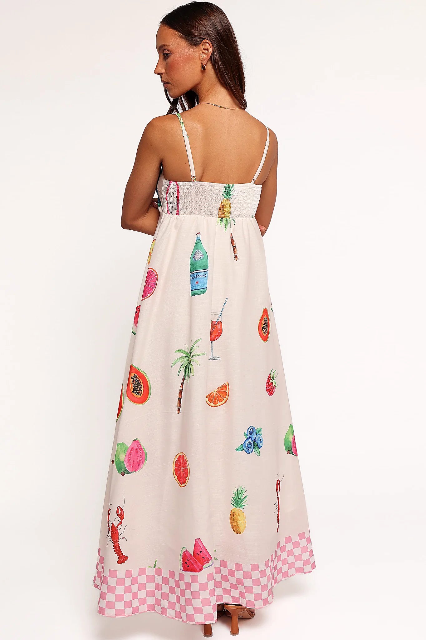 Full length view of a Tutti Fruitti print maxi dress