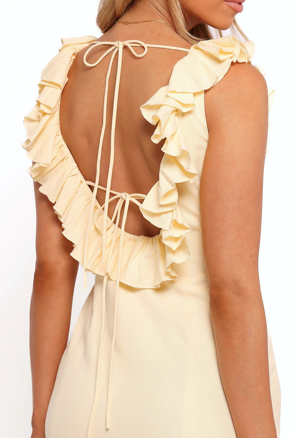 Full length view of a butter yellow linen maxi dress