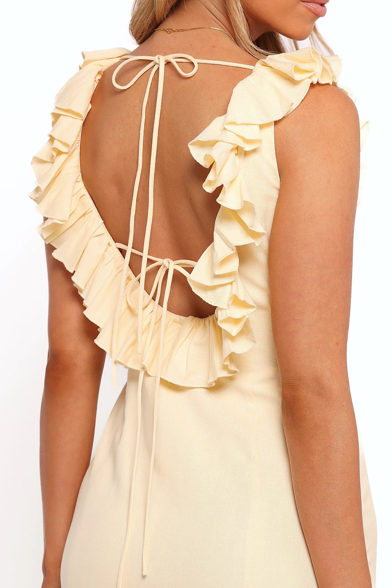Full length view of a butter yellow linen maxi dress