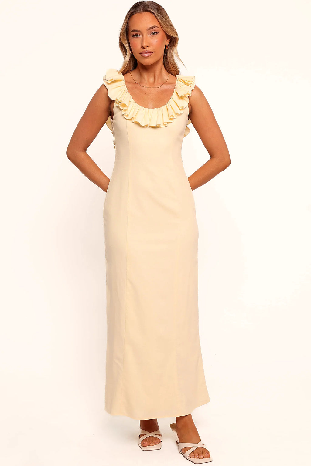 Butter yellow linen maxi dress with a round scoop neckline