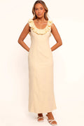 Butter yellow linen maxi dress with a round scoop neckline