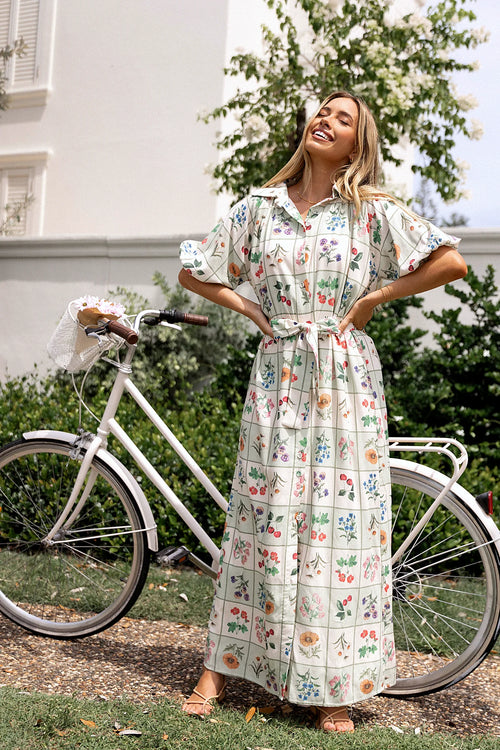 Flower Market print maxi dress with a spread collar and V neckline