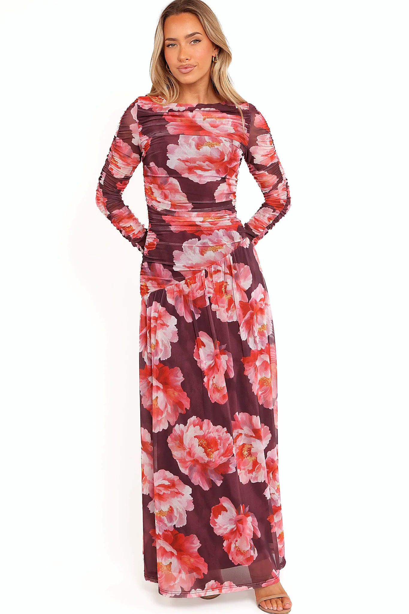 Calypso Long Sleeve Maxi Dress - Burgundy Peony