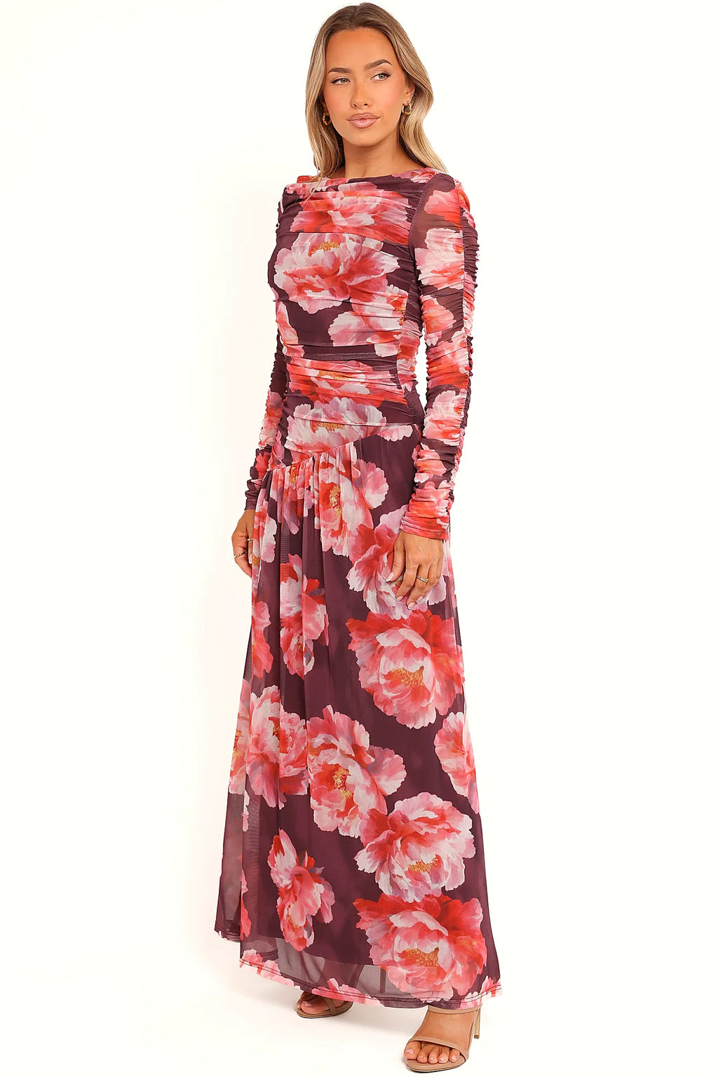 Full length view of a Burgundy Peony print maxi dress