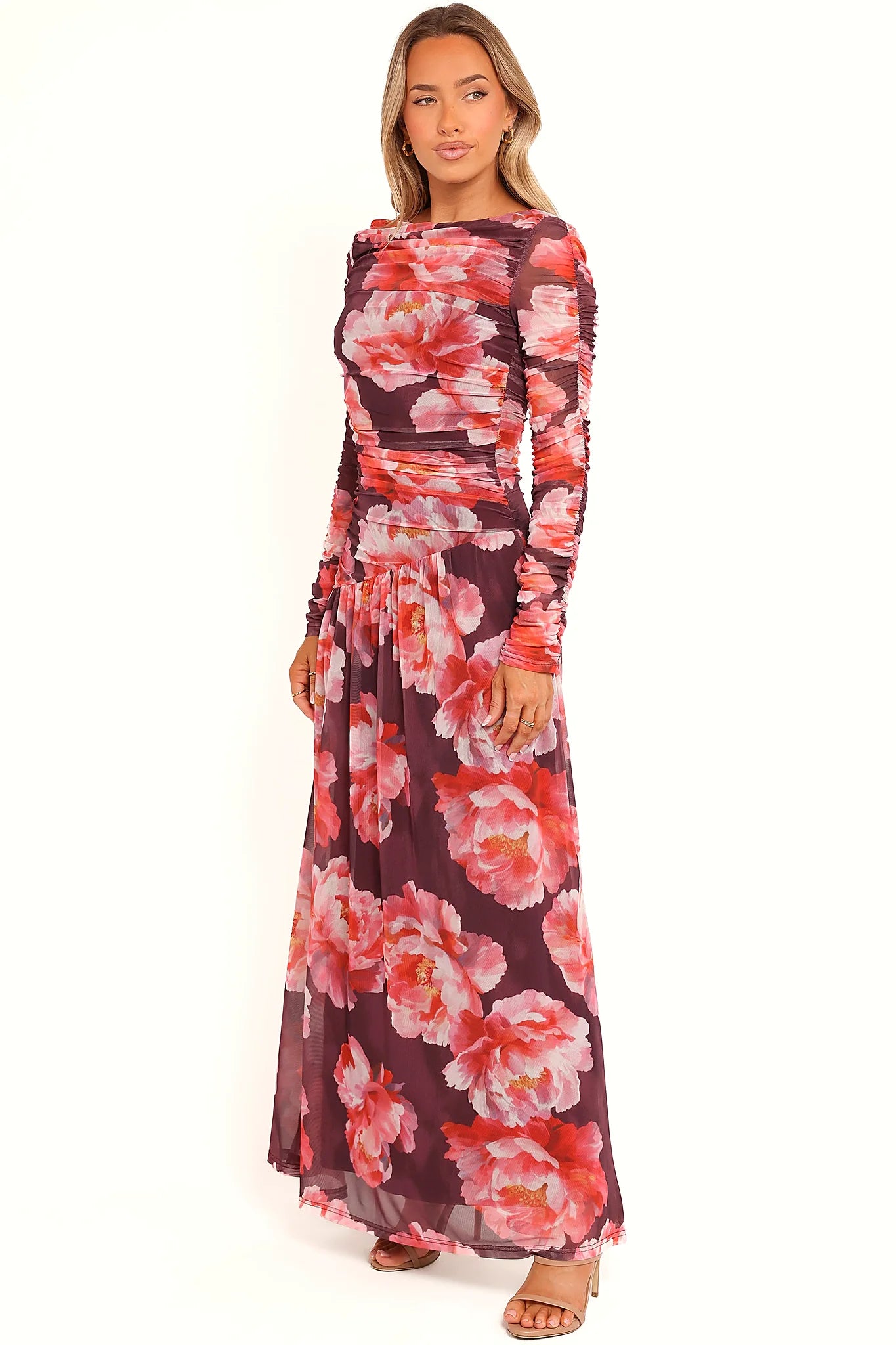 Full length view of a Burgundy Peony print maxi dress