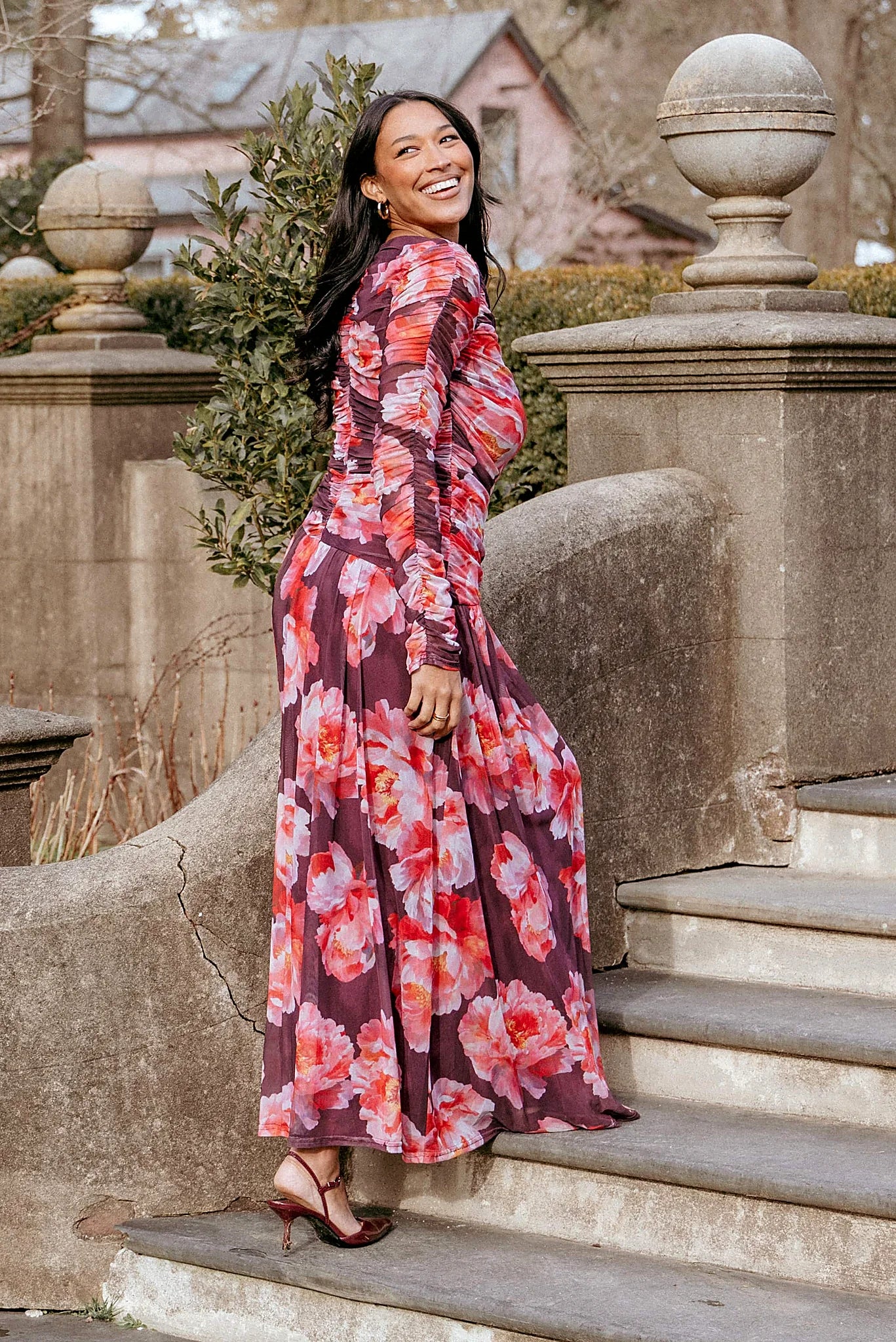 Burgundy peony print maxi dress with a boat neckline