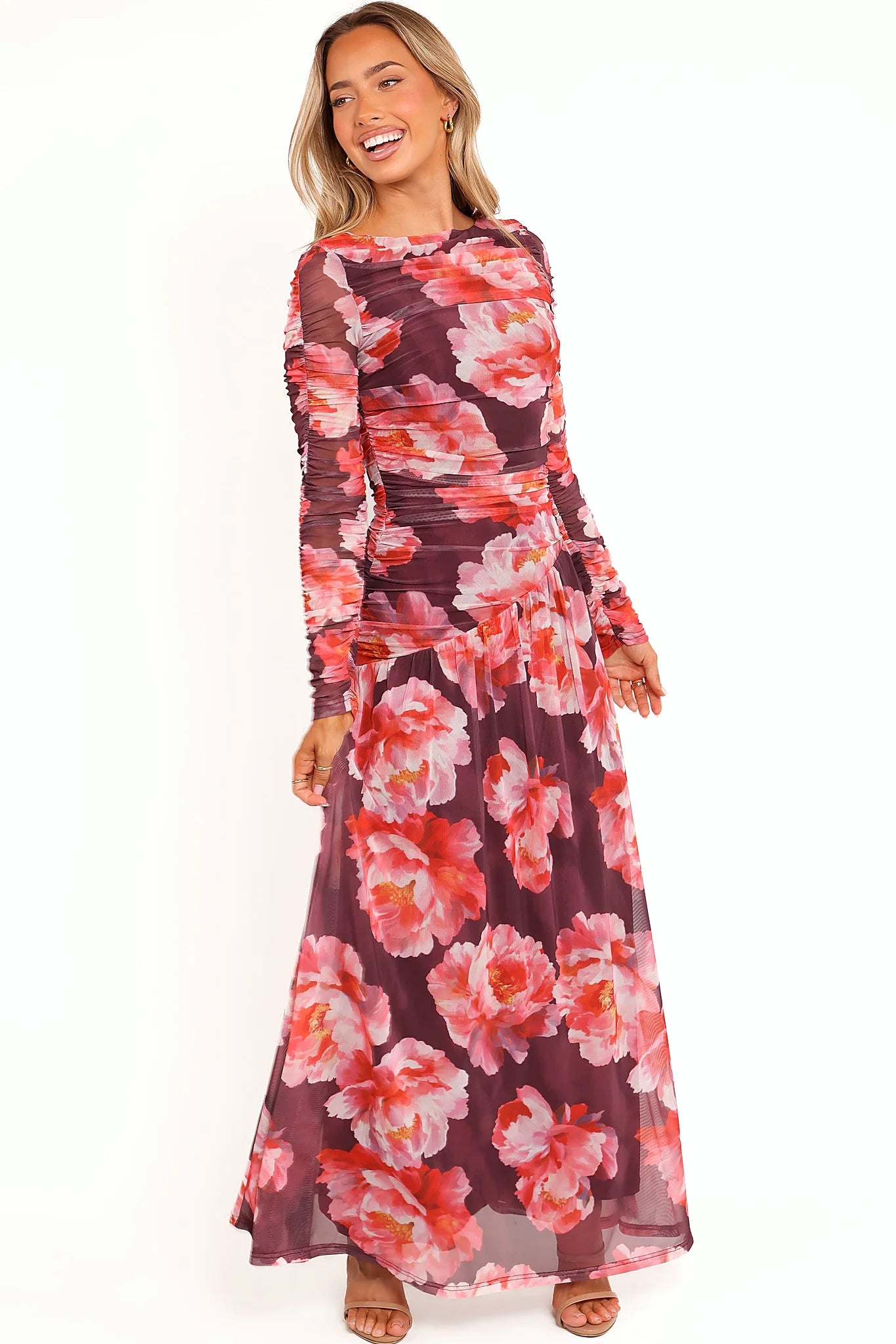 Long sleeves on a peony print maxi dress
