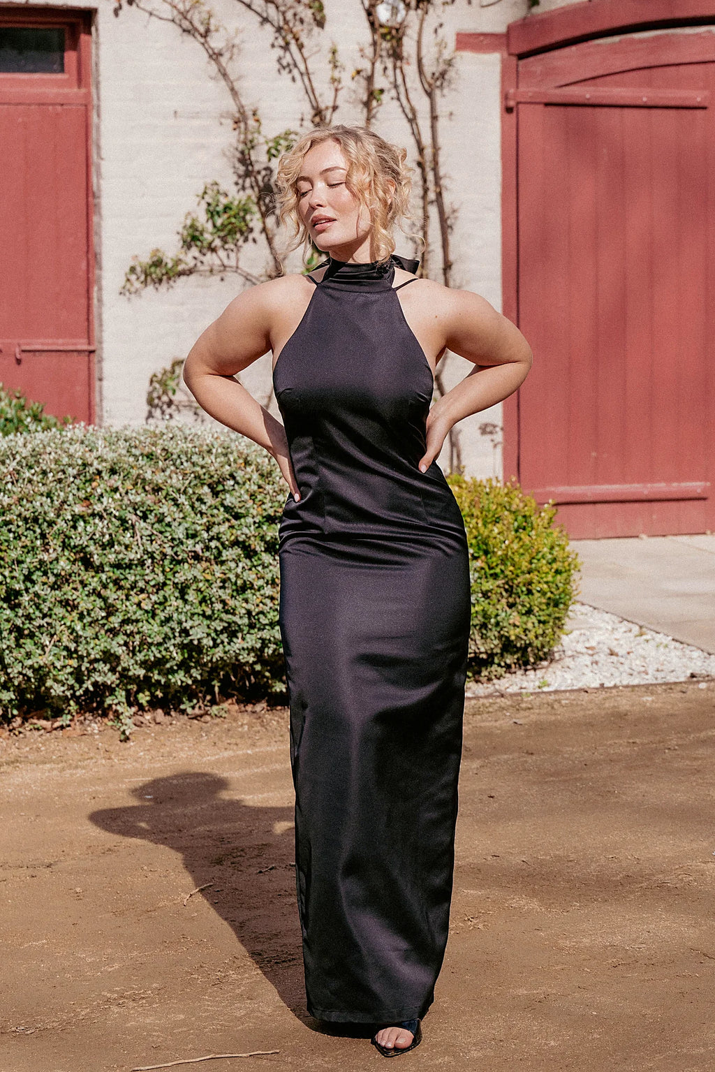 Black halter neck maxi dress with thin adjustable straps