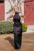 Black halter neck maxi dress with thin adjustable straps