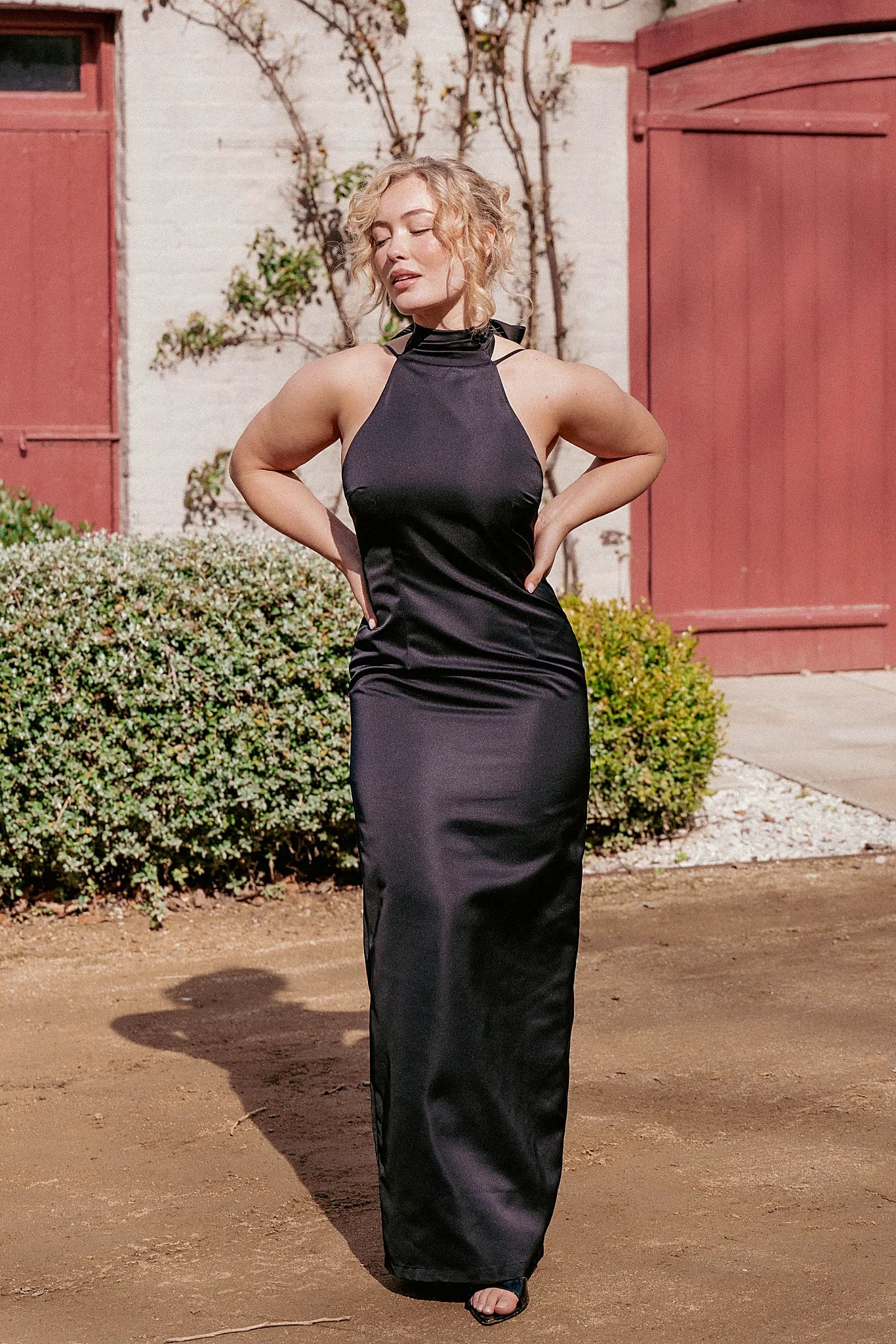 Black halter neck maxi dress with thin adjustable straps