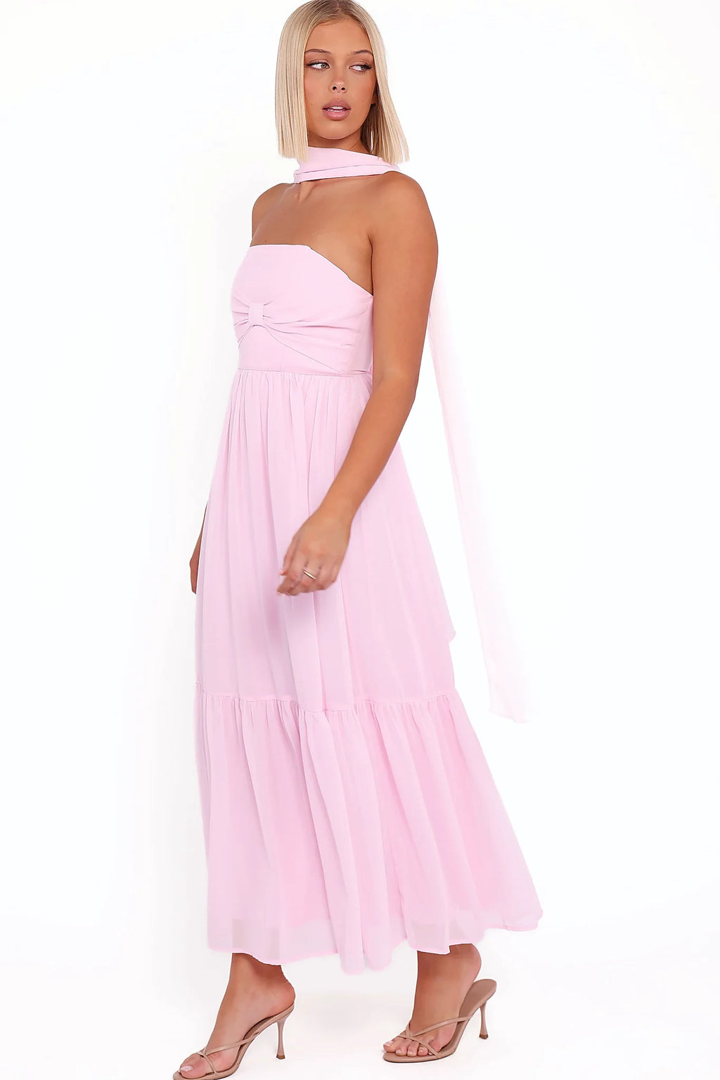 Detachable scarf shown with a pink maxi dress