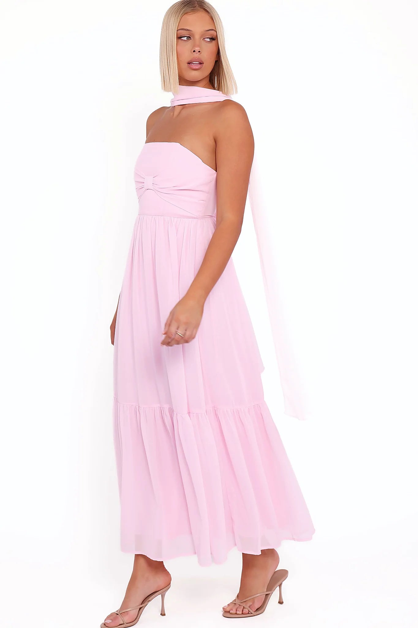 Detachable scarf shown with a pink maxi dress