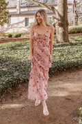 Pale pink floral satin maxi dress with a V neckline
