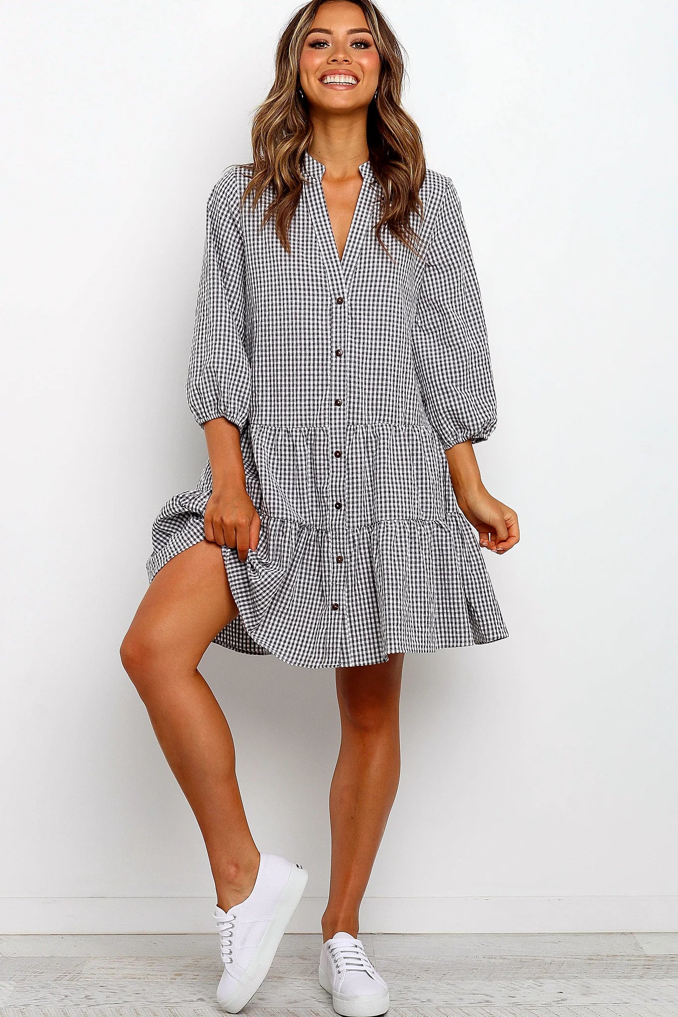 Gingham print oversized mini dress with a V neckline