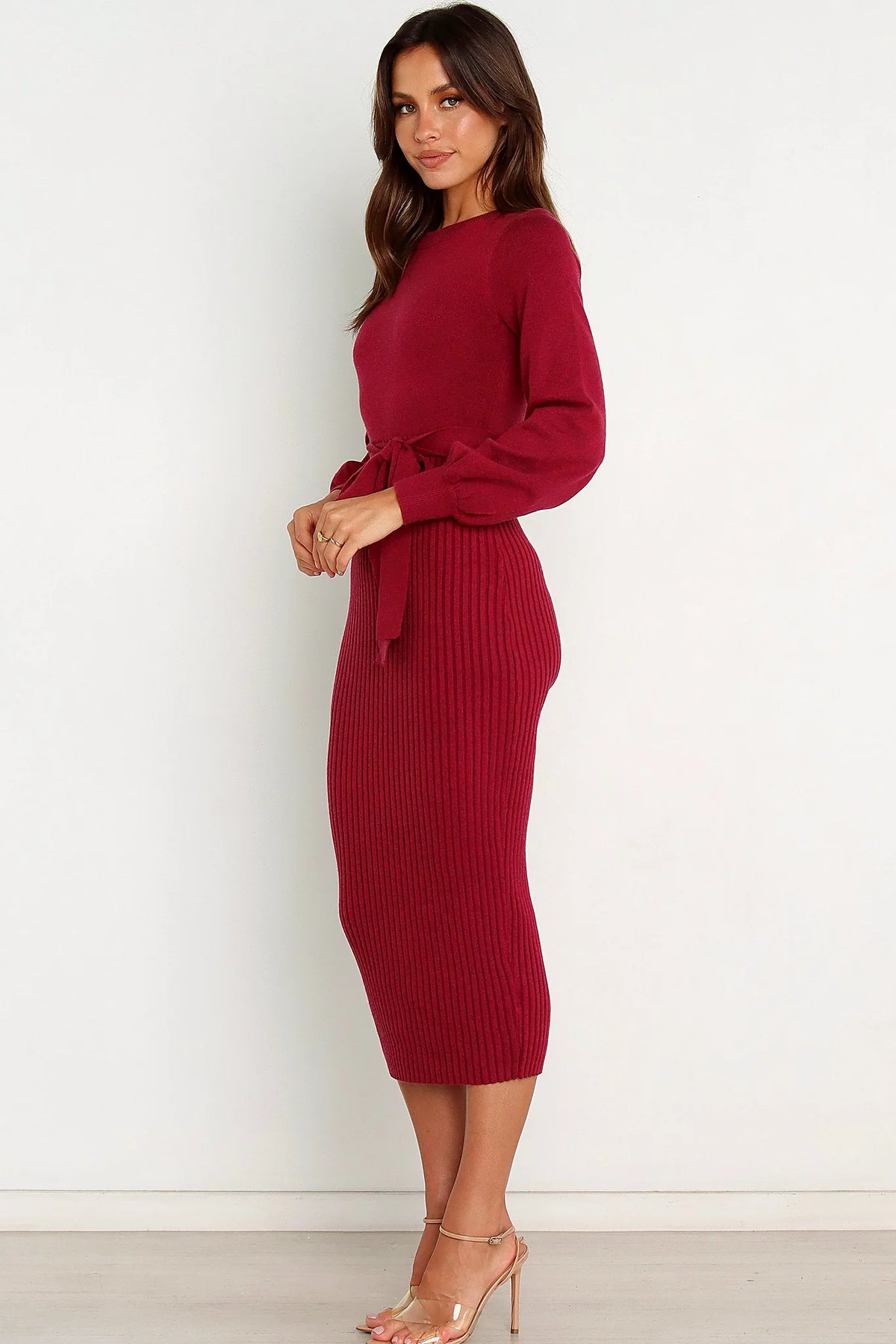 Full length view of a wine ribbed knit maxi dress