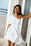 White floral one shoulder mini dress with an asymmetrical neckline