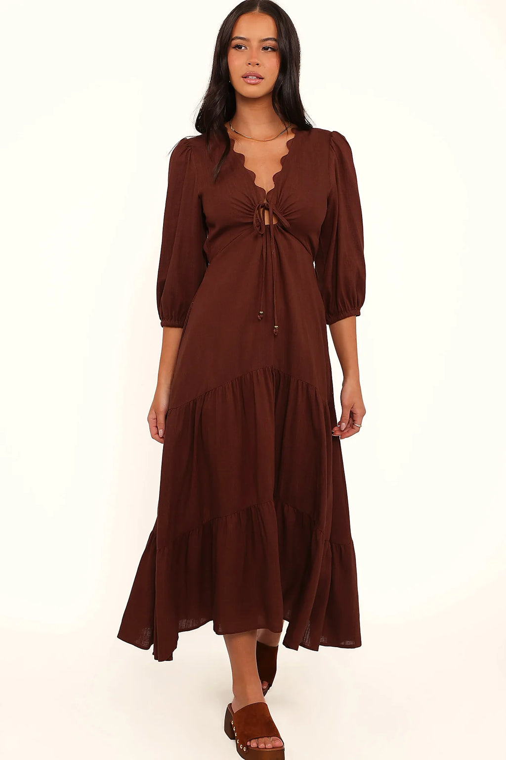 Chocolate brown midi dress with a V neckline and ric rac trim