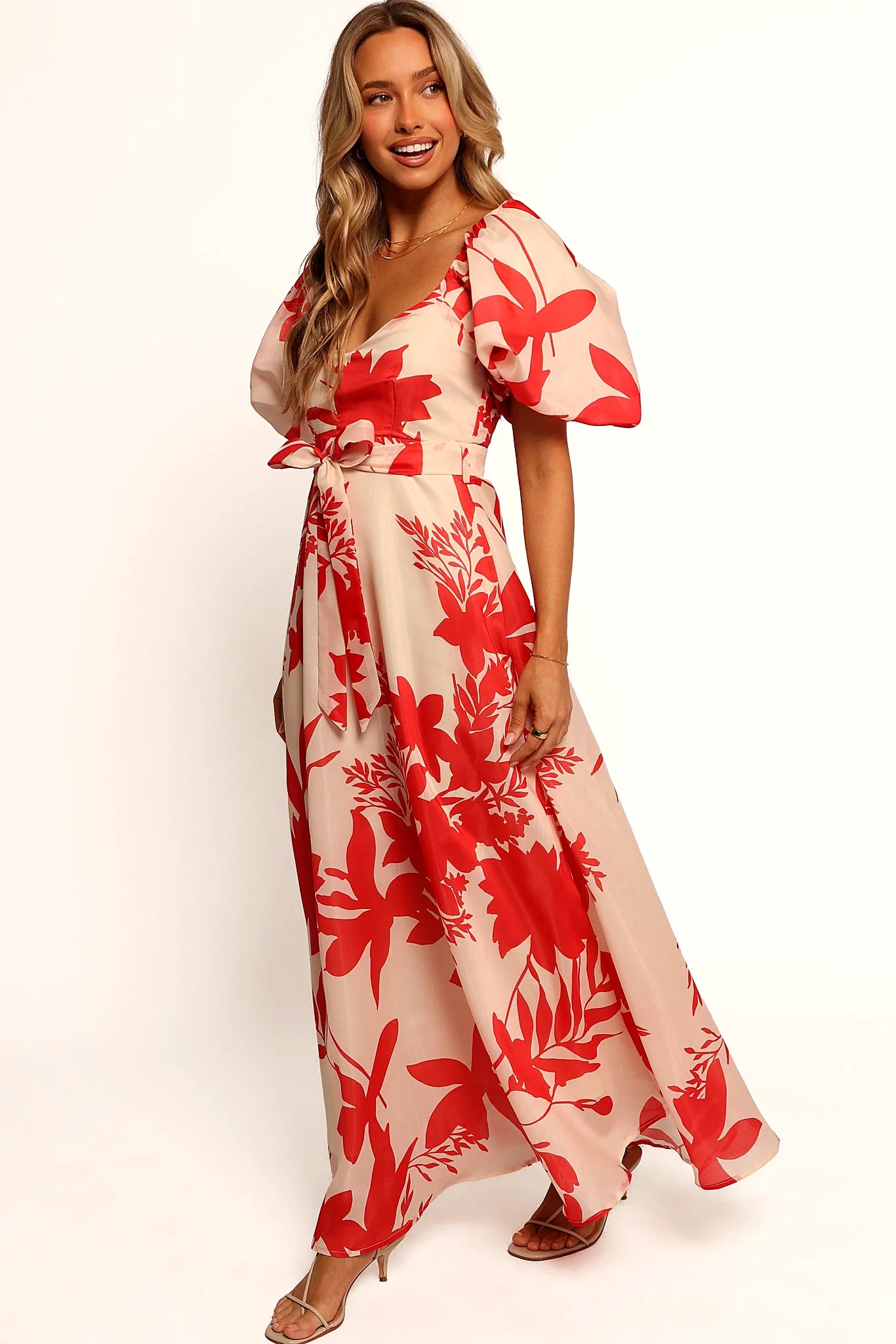 Large floral print on an A-line midi dress skirt