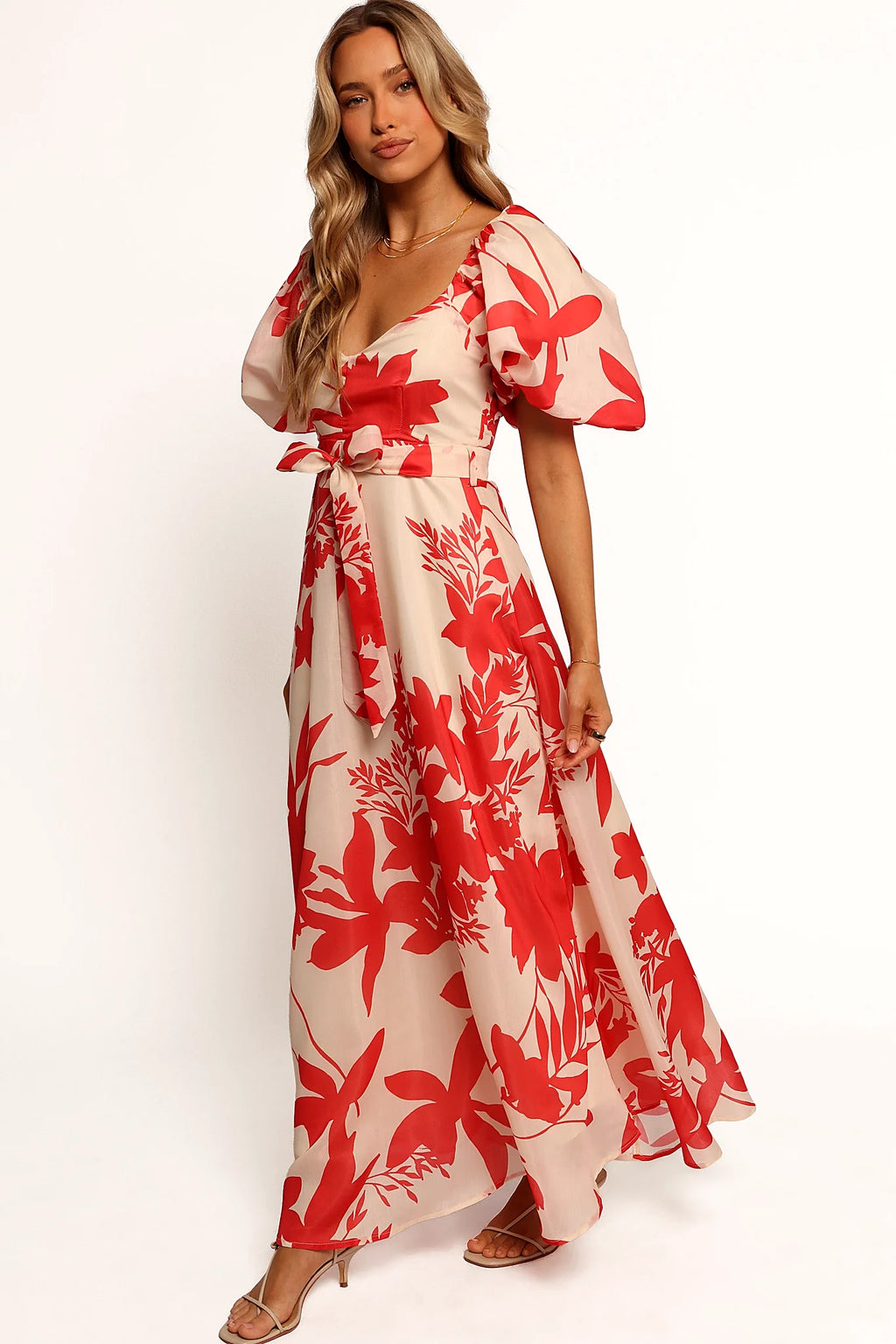 Red floral midi dress with a V neckline and short puff sleeves