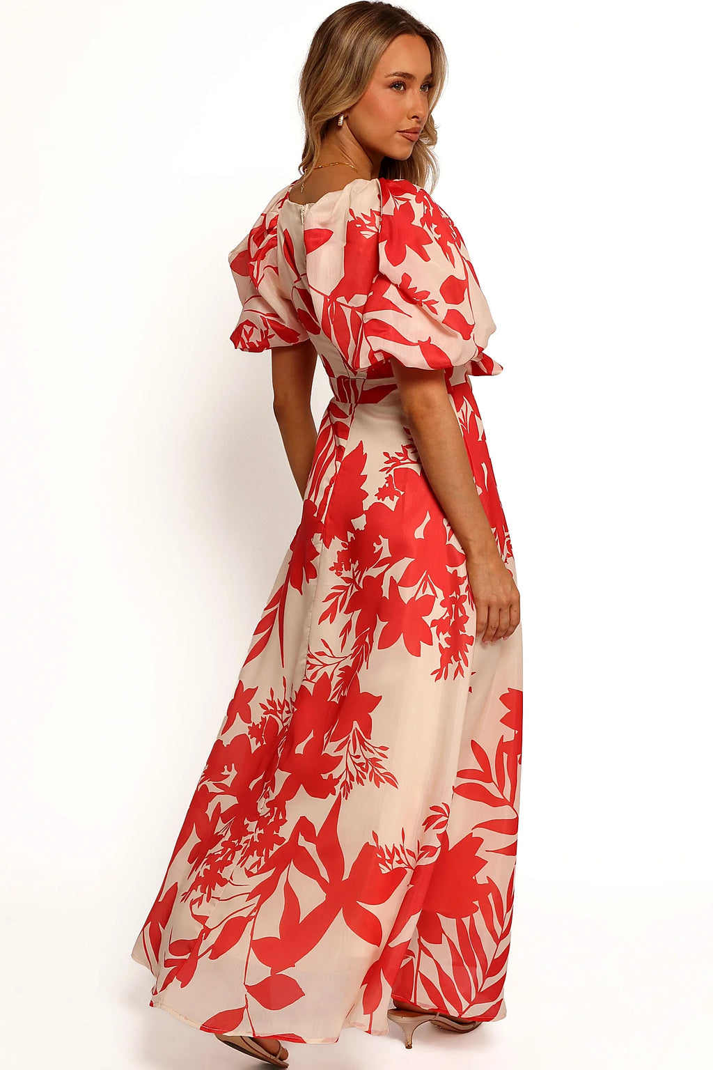 Full length view of a red floral print midi dress
