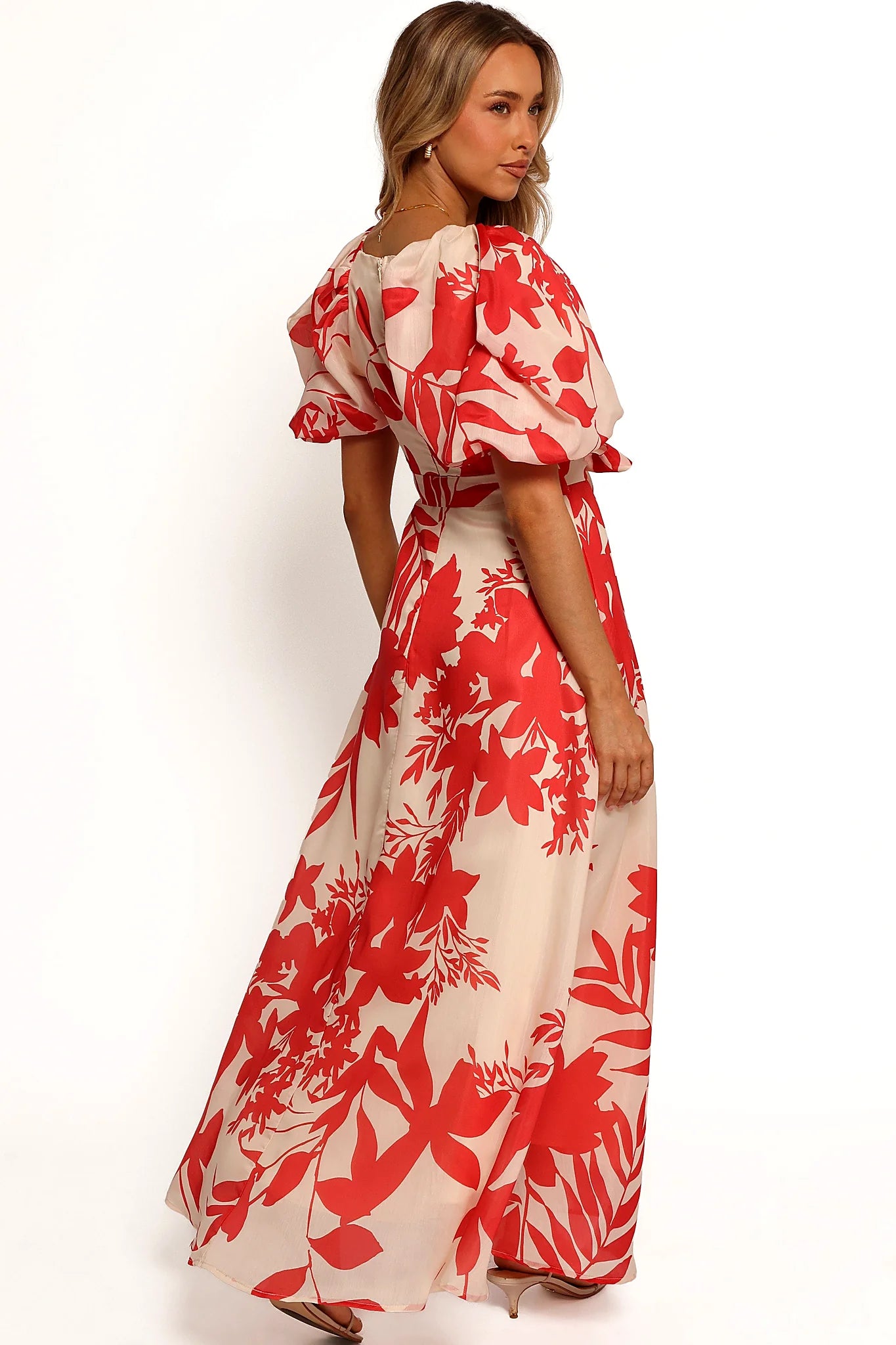 Full length view of a red floral print midi dress