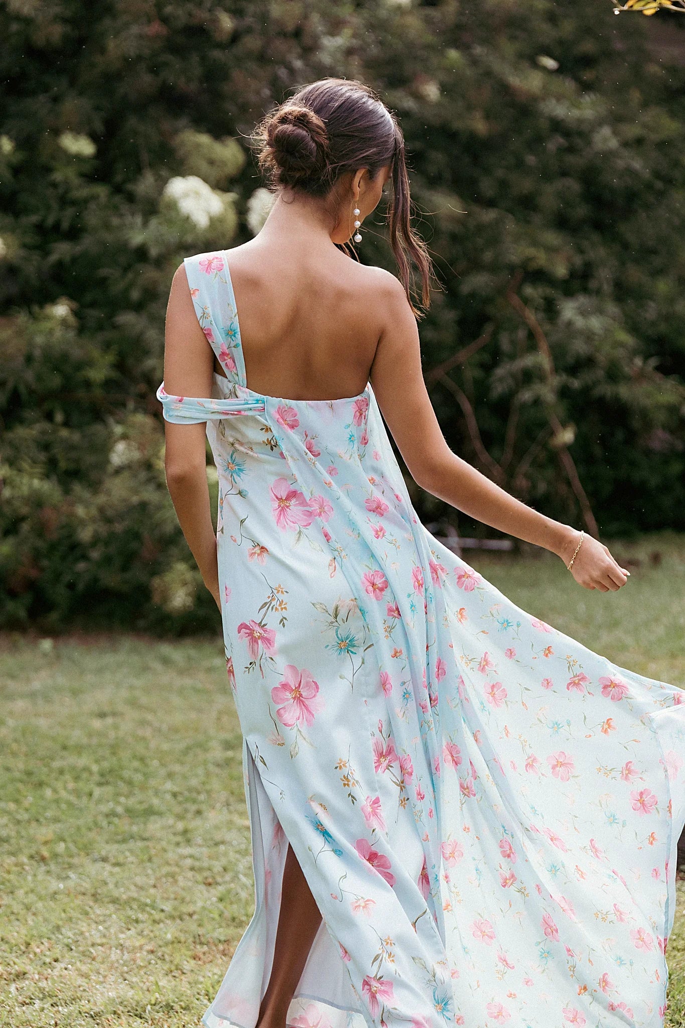 Blue floral maxi dress with a straight neckline and off shoulder tie strap