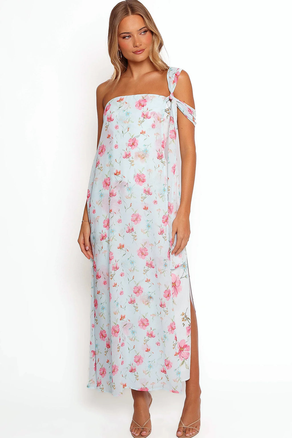 Chiffon overlay over a blue floral print maxi dress