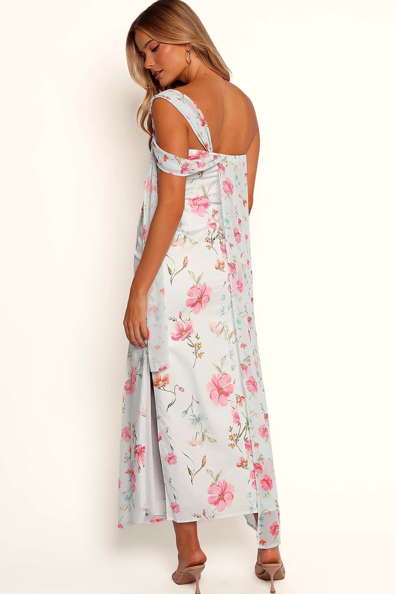 Full length view of a blue floral chiffon maxi dress