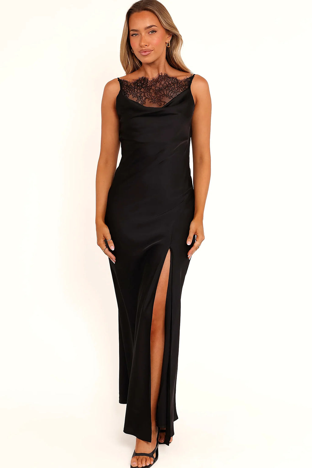 Back cowl and lace detail on a black satin maxi dress