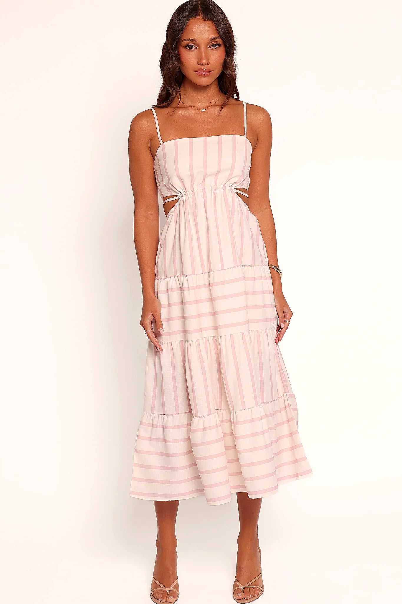 Pink stripe midi dress with a straight neckline and adjustable straps