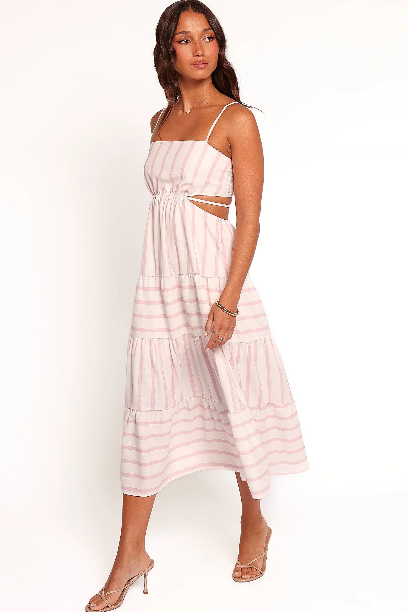 Elasticised waistband on a pink stripe A-line midi dress